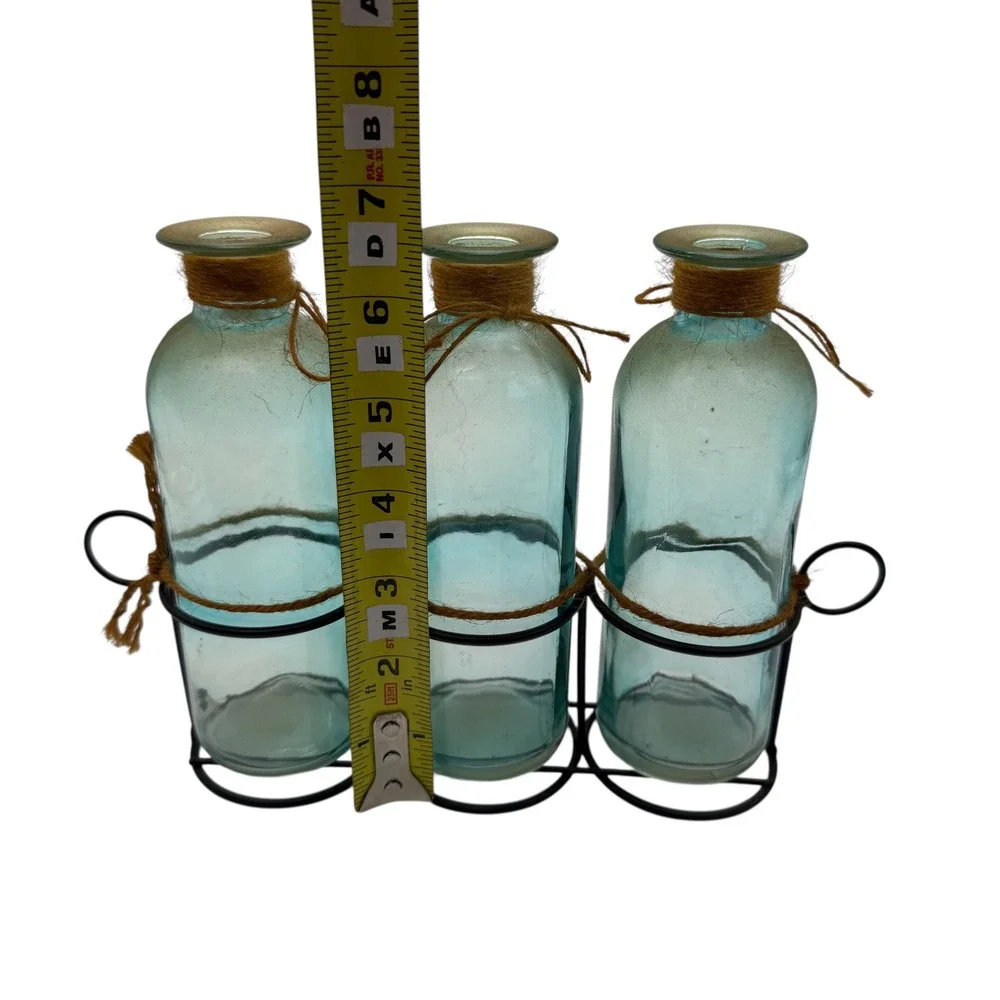 Unbranded Blue Glass Bottle Set 3 Piece with Metal‎ Rack Farmhouse Decor